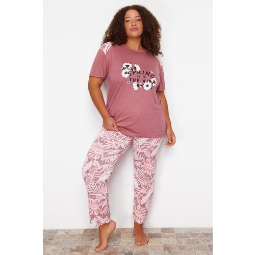 Trendyol Curve Pale Pink Flower Pattern Knitted Pajamas Set Slike