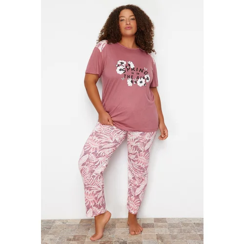 Trendyol Curve Pale Pink Flower Pattern Knitted Pajamas Set