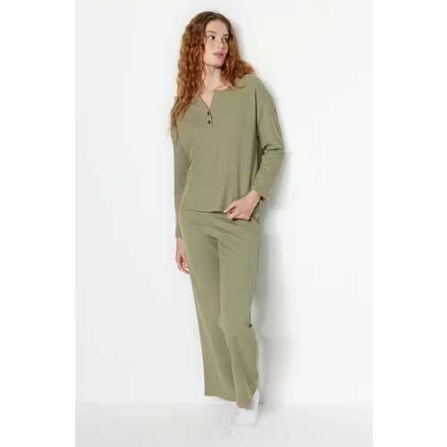 Trendyol Green 100% Cotton Waffle T-shirt-Pants and Knitted Pajamas Set