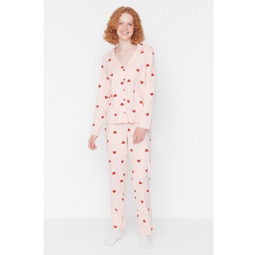 Trendyol Pink Heart Printed Knitted Pajamas Set Slike