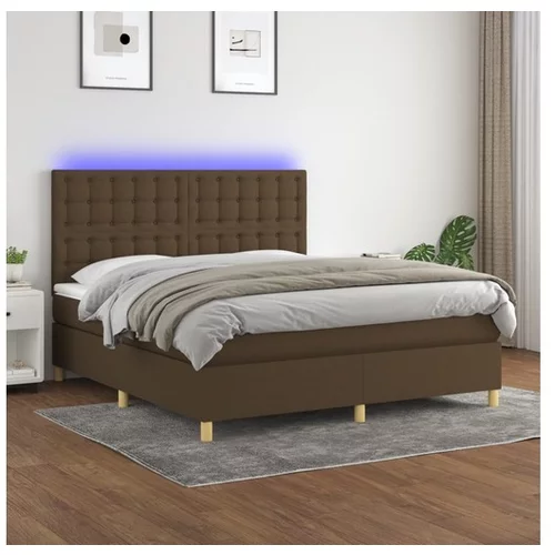  Box spring postelja z vzmetnico LED temno rjava 160x200cm blago