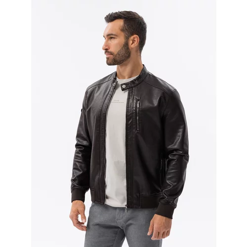 Ombre Men's imitation leather jacket with ribbed hem - dark brown