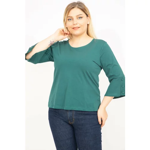 Şans Women's Green Plus Size Cotton Fabric Sleeves Capri Sleeve Blouse with Ornamental Buttons