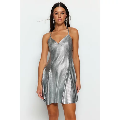 Trendyol Gray Evening Dress with Open Waist / Skater Knitted Shimmering