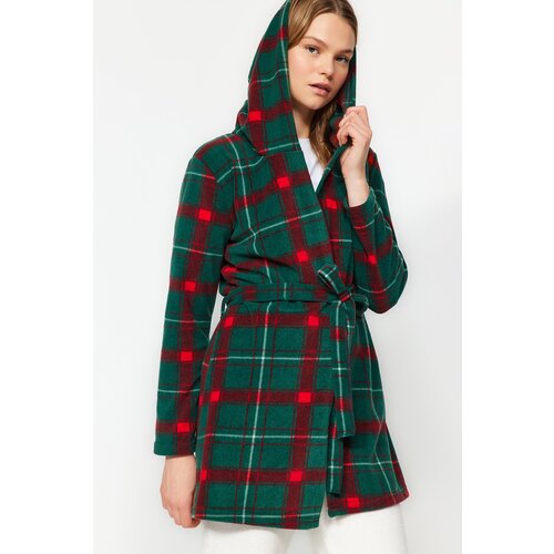 Trendyol Green Checkered Hooded Fleece Knitted Dressing Gown Slike