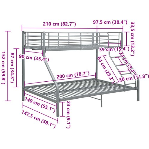  Okvir za krevet na kat sivi metalni 140 x 200 / 90 x 200 cm Slike