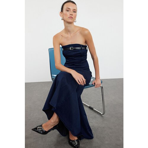 Trendyol Dark Blue Strapless Belted Maxi Denim Dress Cene