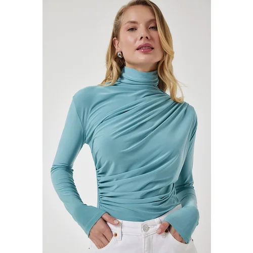 Happiness İstanbul Women's Aqua Green Gathered Detailed High Neck Sandy Blouse