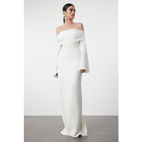 Trendyol White Knitted Carmen Collar Long Evening Evening Dress Slike