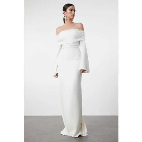 Trendyol White Knitted Carmen Collar Long Evening Evening Dress