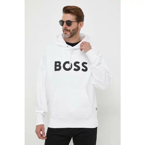 Boss Bombažen pulover moška, bela barva, s kapuco
