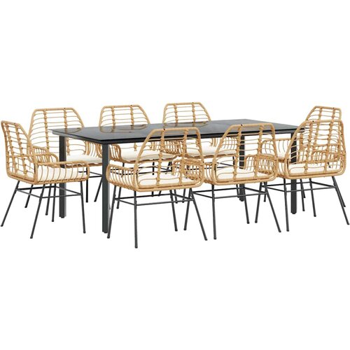  9-dijelni vrtni blagovaonski set s jastucima poliratan i staklo Smeđa 200 x 100 x 74 cm Slike