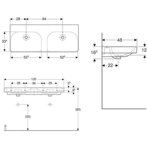Geberit 500.224.01.1 Smyle Square 120 x 48 cm dvojni keramični umivalnik brez odprtine za armaturo Slike