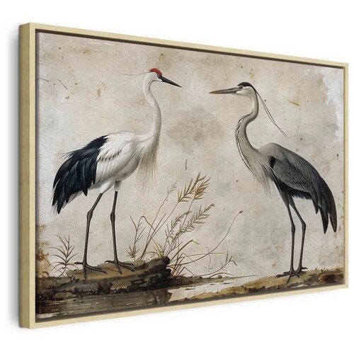 Slika - Birds from an old engraving - vintage-style illustration depicting a heron and a crane 120x80 U prirodnom drvenom okviru Cene