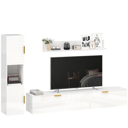 HOMCOM Zidna enota dnevne sobe iverna plo&scaron;ča, umetna masa 180D x 33&Scaron; x 30V cm Bela visok sijaj, (5000242427) Cene