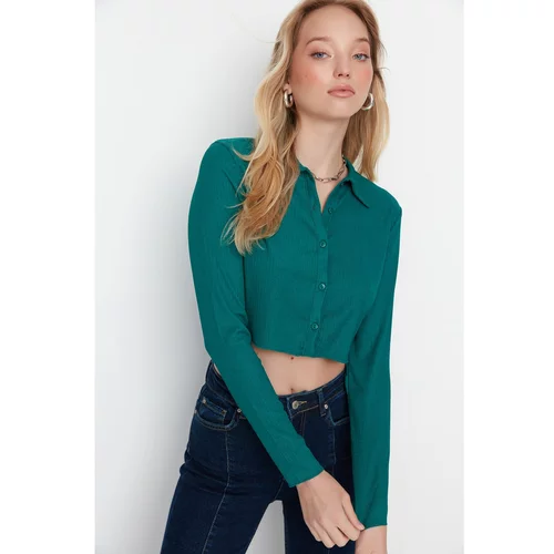 Trendyol Green Buttoned Polo Neck Crepe Knitted Blouse