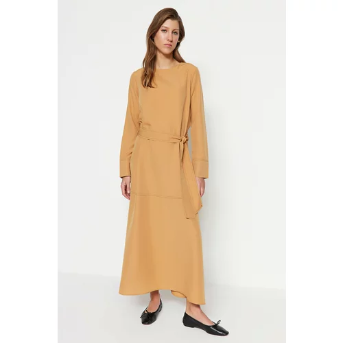 Trendyol Camel Belted Stitching Detail Wide Cuffed Woven Dress