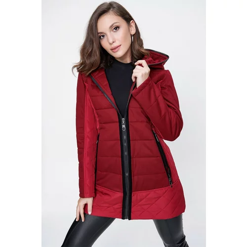 By Saygı Hooded and Lined, Quilted Coat Wide Size Range Claret Red.