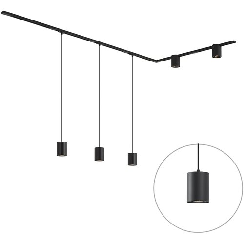 QAZQA Modern railsysteem black met 3 hanglampen en 2 spots 1-fase - Iconic Holt Rondoo Up Slike