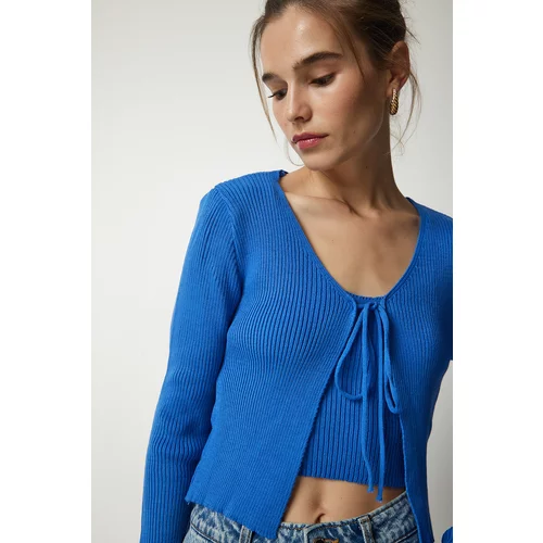 Happiness İstanbul Women's Blue Corded Knitwear Crop Cardigan Suit