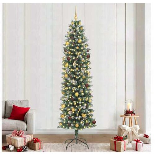 VidaXL Umjetno vitko božićno drvce Zelena i bijela 240 cm - 240 cm s LED-ima i zlatnim/brončanim kuglicama Slike