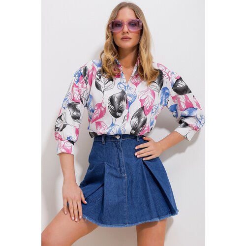 Trend Alaçatı Stili Women's Fuchsia Twig Patterned Balloon Sleeve Linen Shirt with Hidden Pop Up Slike