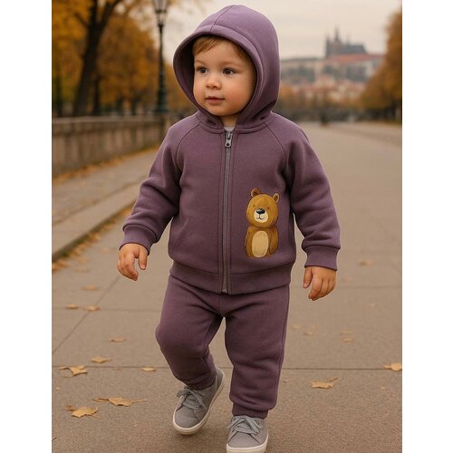 WOWO kids komplekt sa medo: pantalone, duks sa patent zatvaračem i kapuljačom - maslina Slike
