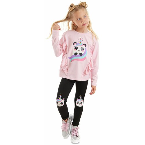 Denokids Panda Unicorn Girl's Pink T-shirt and Black Leggings Set. Slike