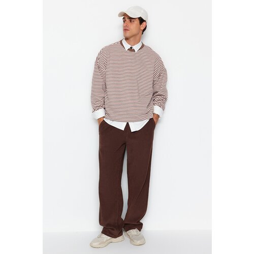 Trendyol Men's Brown Oversized Striped Sweatshirt with a Soft Pile Inside Cotton. Slike