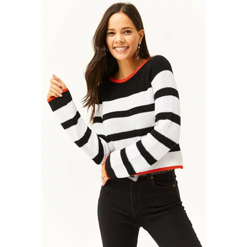 Olalook Women's White Collar and Skirt Detailed Striped Crop Sweater