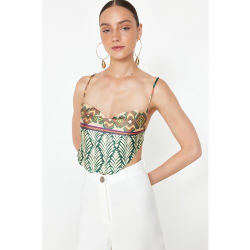 Trendyol Yellow Satin Patterned Crop Strap Woven Blouse Slike
