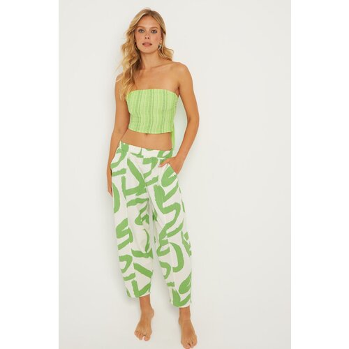 Cool &amp;amp; Sexy Women&amp;#039;s Ecru-Green Patterned Linen Shalwar Trousers K1253 Slike