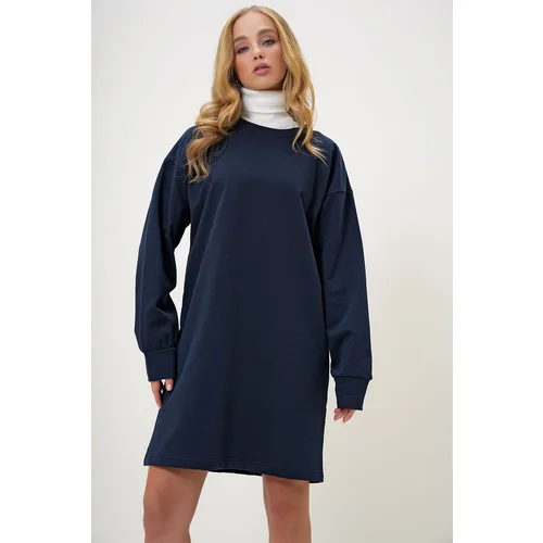 Trend Alaçatı Stili Women's Navy Blue Crew Neck Sweatshirt Dress