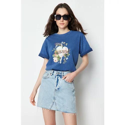 Trendyol Indigo 100% Cotton Printed and Faded Effect Boyfriend Knitted T-Shirt