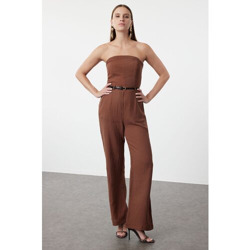 Trendyol Brown Strapless Collar Linen Look Jumpsuit Slike