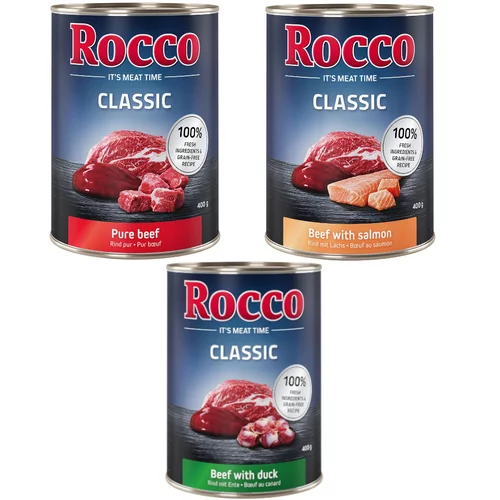 Rocco Classic probno miješano pakiranje 6 x 400 g - Ekskluzivni Mix: Čista govedina / Govedina s lososom / Govedina s pačetinom