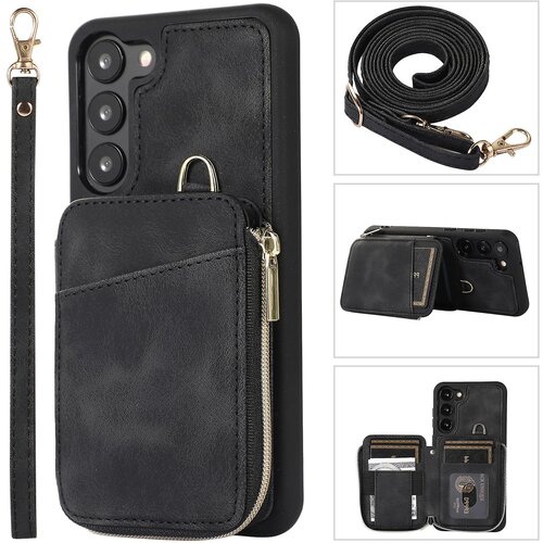 INORCO Za Samsung Galaxy S23+ Etui za telefon z držalom za kartico z zadrgo, z usnjem prevlečen TPU ovitek s stojalom in trakovi, (22037178) Slike
