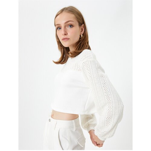 Koton Crop Sweater Openwork Balloon Sleeve Crew Neck Cene