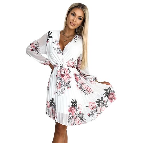 Numoco Pleated dress with neckline, long sleeves and belt Slike
