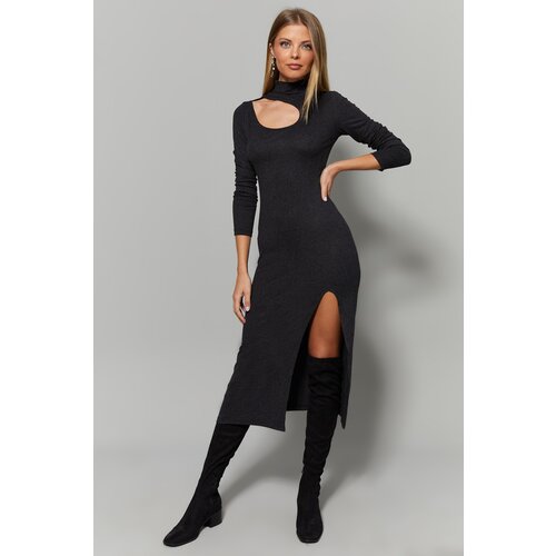 Cool &amp;amp; Sexy Women&amp;#039;s Anthracite Collar Window Slit Dress YI1984 Slike