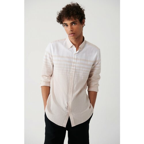 Avva men's beige 100% cotton buttoned collar linen look block striped slim fit slim fit shirt Slike