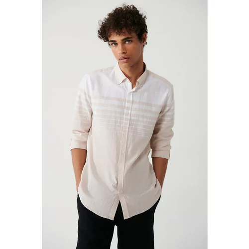 Avva Men's Beige 100% Cotton Buttoned Collar Linen Look Block Striped Slim Fit Slim Fit Shirt