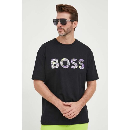 Boss Bombažna kratka majica GREEN črna barva Slike