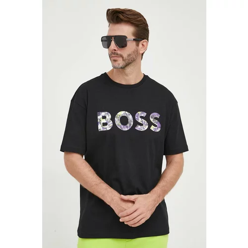 Boss Bombažna kratka majica GREEN črna barva