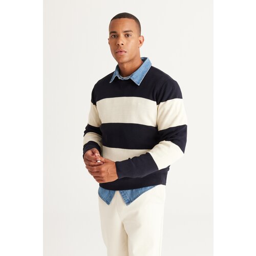 AC&Co / Altınyıldız Classics Men's Navy Blue-Ecru Standard Fit Regular Fit Crew Neck Knitwear Sweater Cene