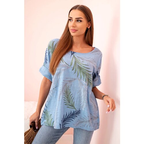 Kesi Włoski Women&amp;#039;s cotton blouse with leaves with roll-up sleeves denim Slike