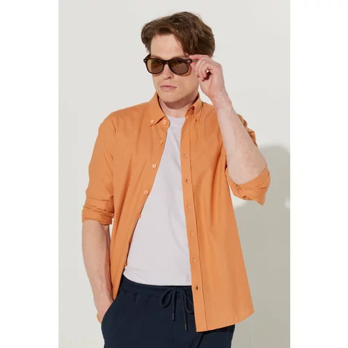 AC&Co / Altınyıldız Classics Men's Tile Tailored Slim Fit Oxford Buttoned Collar Linen-Looking 100% Cotton Flared Shirt.