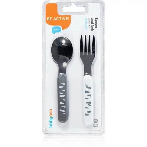 BabyOno Be Active Stainless Steel Spoon and Fork pribor Grey-White 12 m+ 2 kom
