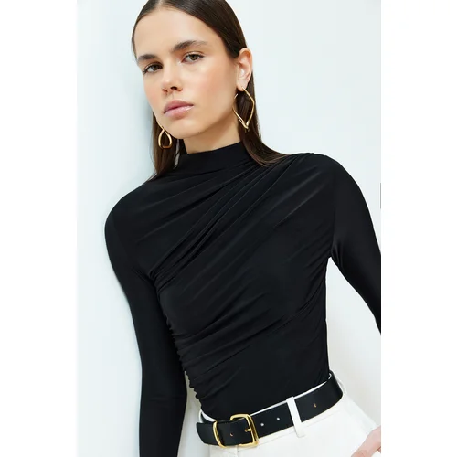 Trendyol Black Gathered Square Neck Fitted Elastic Knitted Blouse