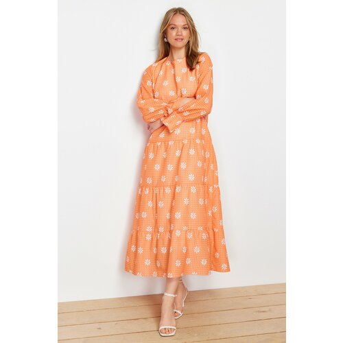 Trendyol Orange Floral Printed Sleeve with Rubber Detail Woven Dress Cene